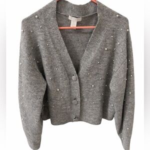 H&M Pearl-Embellished Gray Cardigan – Size L